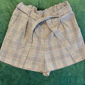 Gray and red plaid paper bag shorts